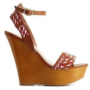 GUC Bamboo Brown with Red and White Ribbon Platform Wedge Sandals. Size 6.5
